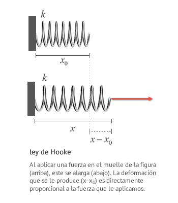 Al aplicar una fuerza en el muelle de la figura (arriba), este se alarga (abajo). La deformación que se le produce (x-x0) es directamente proporcional a la fuerza que le aplicamos.