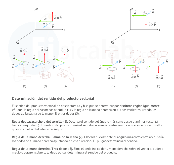 Sentido del producto vectorial: regla del sacacorchos y de la mano derecha